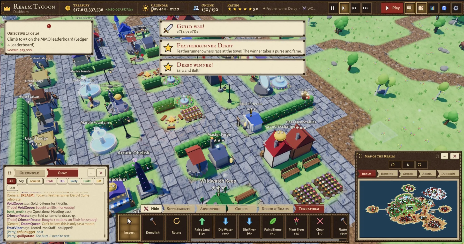 The tycoon view of a town with event banners for a guild war and the Featherrunner Derby, the chat window, the build menu and a map of the island realm.